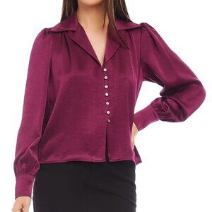 168$ Karen Kane Button Front Shirred Blouse Top Long Sleeves Women's Size L Wine